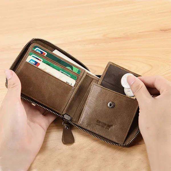 Brown Leather Slim Wallet for Men with Zipper Closure