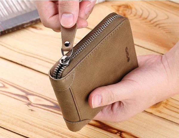 Brown Leather Slim Wallet for Men with Zipper Closure