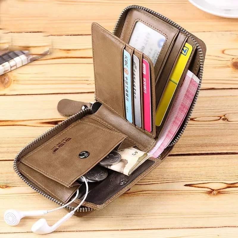 Brown Leather Slim Wallet for Men with Zipper Closure
