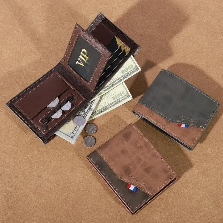 Vincent Men's Leather Wallet Brown Olive Green Zipper Closure