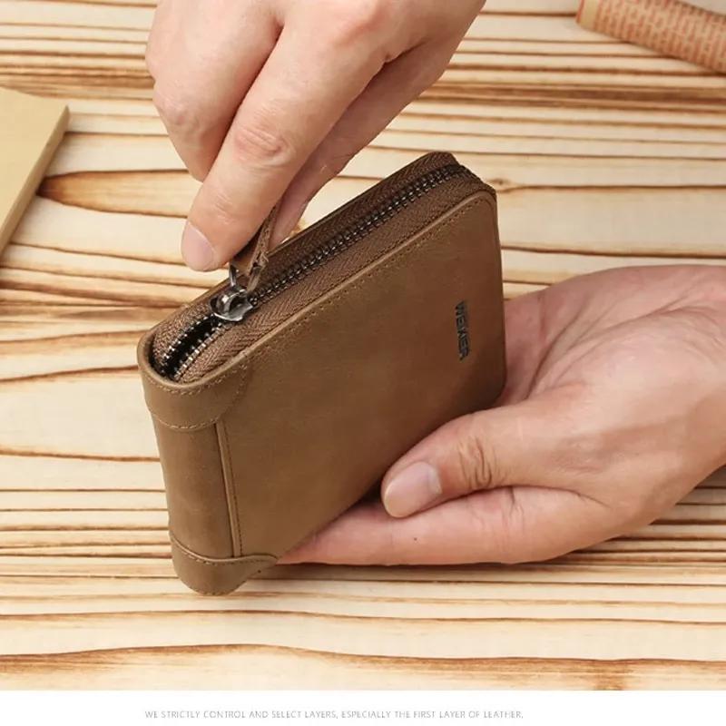 Men's Slim Zipper Leather Wallet Black Brown Laber Lee