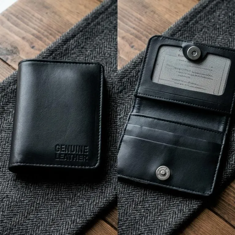 Black Leather Button Wallet for Men with 6 Card Slots and Zip Pocket