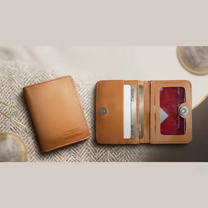 Black Leather Button Wallet for Men with 6 Card Slots and Zip Pocket
