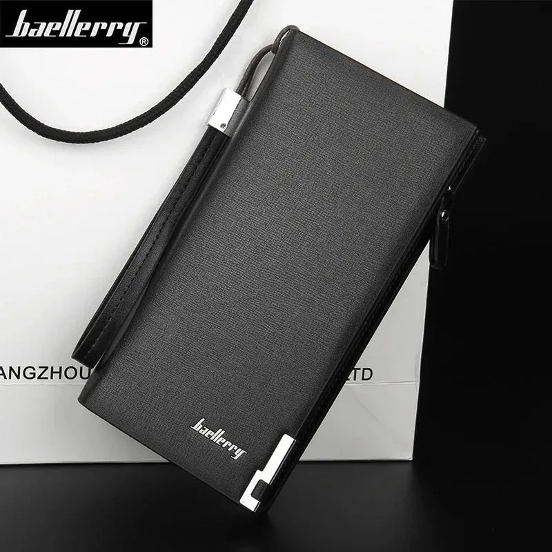 Men's Leather Long Wallet Black Brown Zipper Closure Slim
