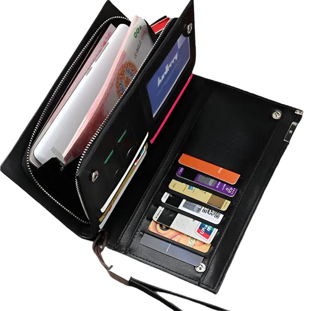 Men's Leather Long Wallet Black Brown Zipper Closure Slim