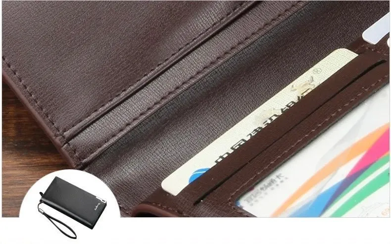 Men's Leather Long Wallet Black Brown Zipper Closure Slim