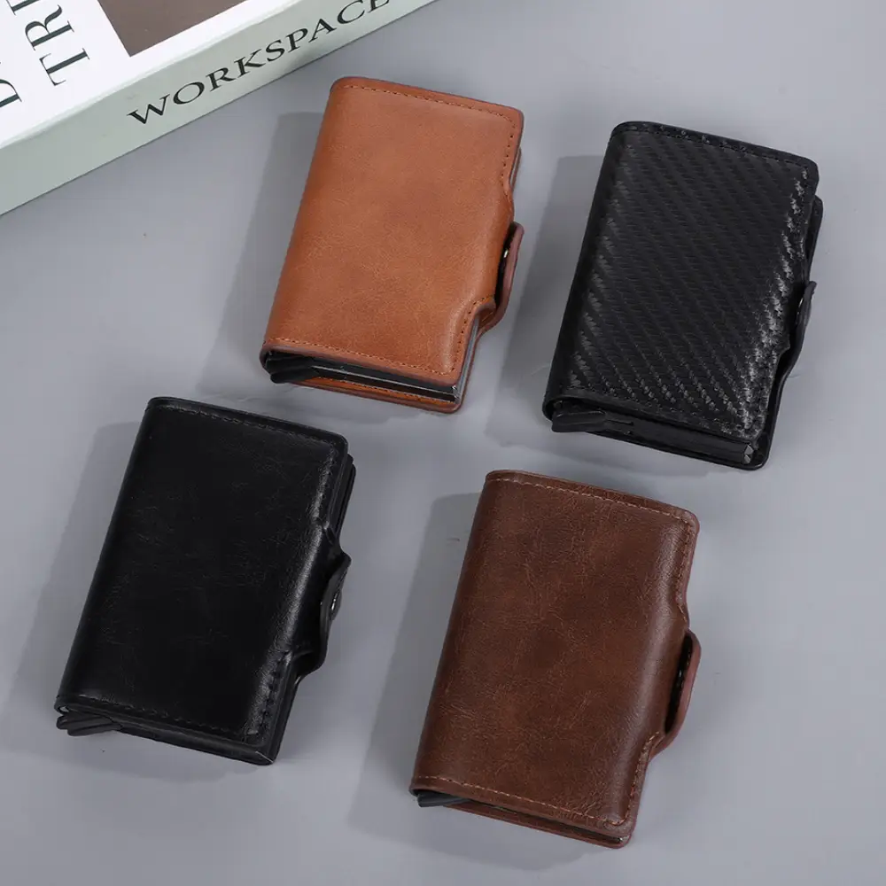 Men's Auto Pop-Up PU Leather RFID Smart Case Slim Metal Aluminum Ejector Button Closure Slim Wallet for Business Card Holder