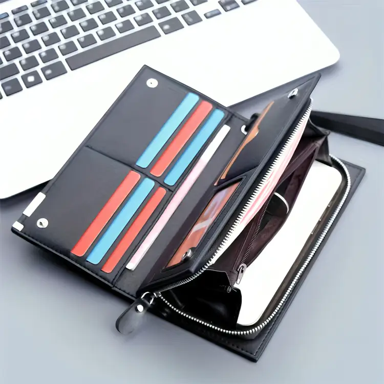 Baellerry Long Wallet for Men & Women – Premium Leather Finish, 12 Card Slots, Zipper Pocket, Large Capacity Stylish Purse - Black