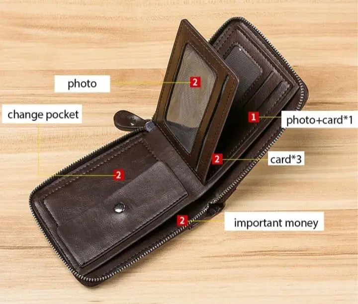 Men's Genuine Leather Bifold Wallet with Gift Box – RFID Card Holder – Black Zipper