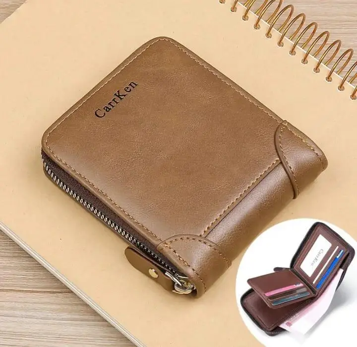 Men's Genuine Leather Bifold Wallet with Gift Box – RFID Card Holder – Black Zipper