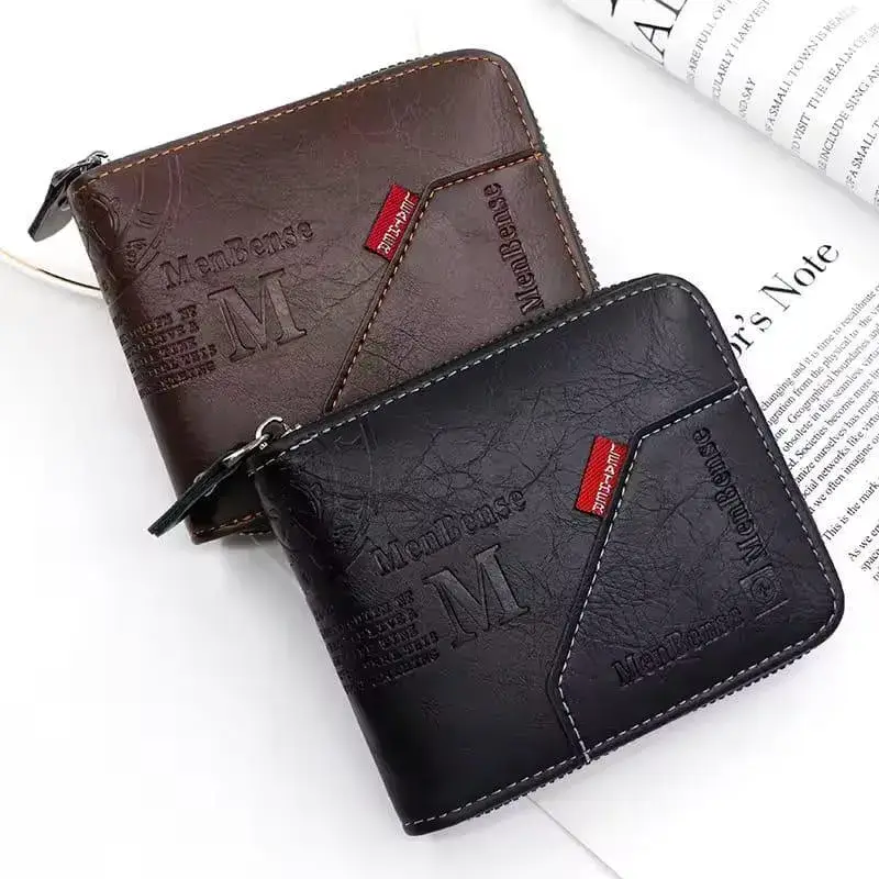 Men's Zipper Wallet Brown Black Leather