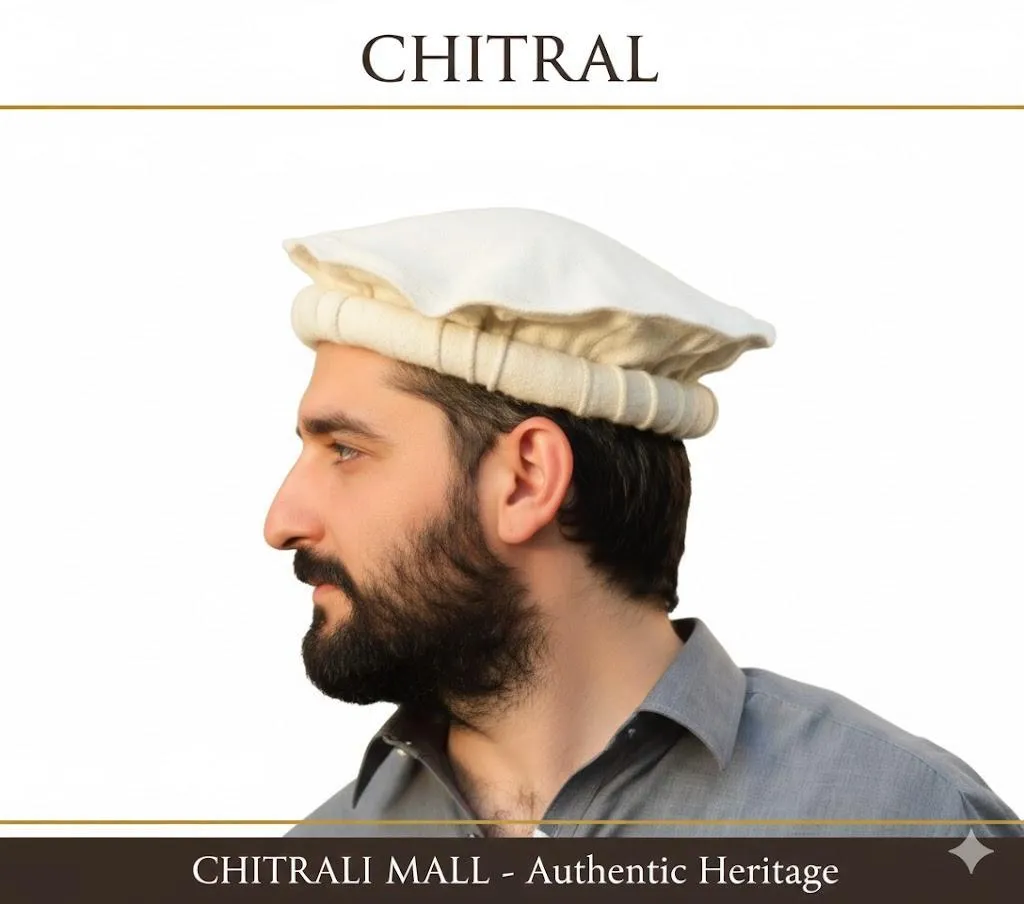 Luxury Hand Made Pure Woolen Off White Chitrali Pakol Cap