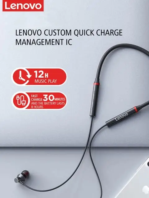 Lenovo Neckband Eh05x Black Long-Lasting Battery With Fast Charge Wireless Neckband