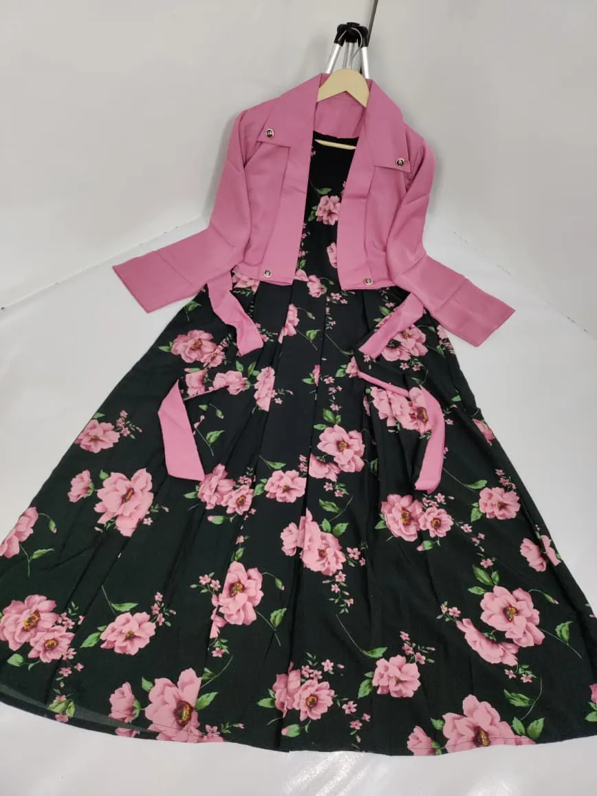 Black Floral Maxi Dress with Pink Sleeves & Belt