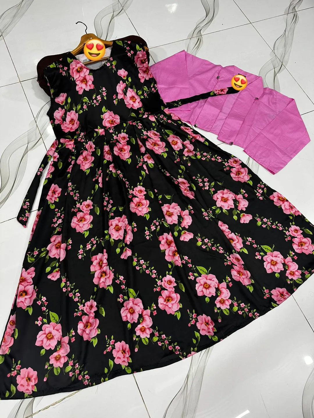 Black Floral Maxi Dress with Pink Sleeves & Belt