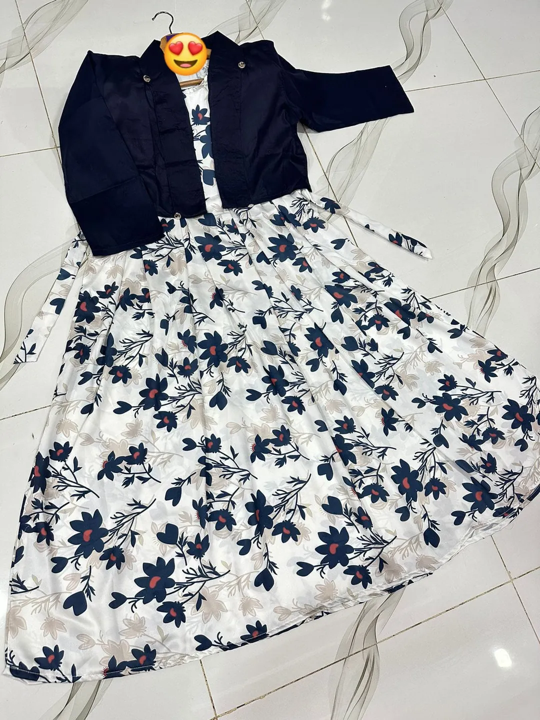Blue Floral Digital Printed Maxi Dress with Belt & Koti for Women