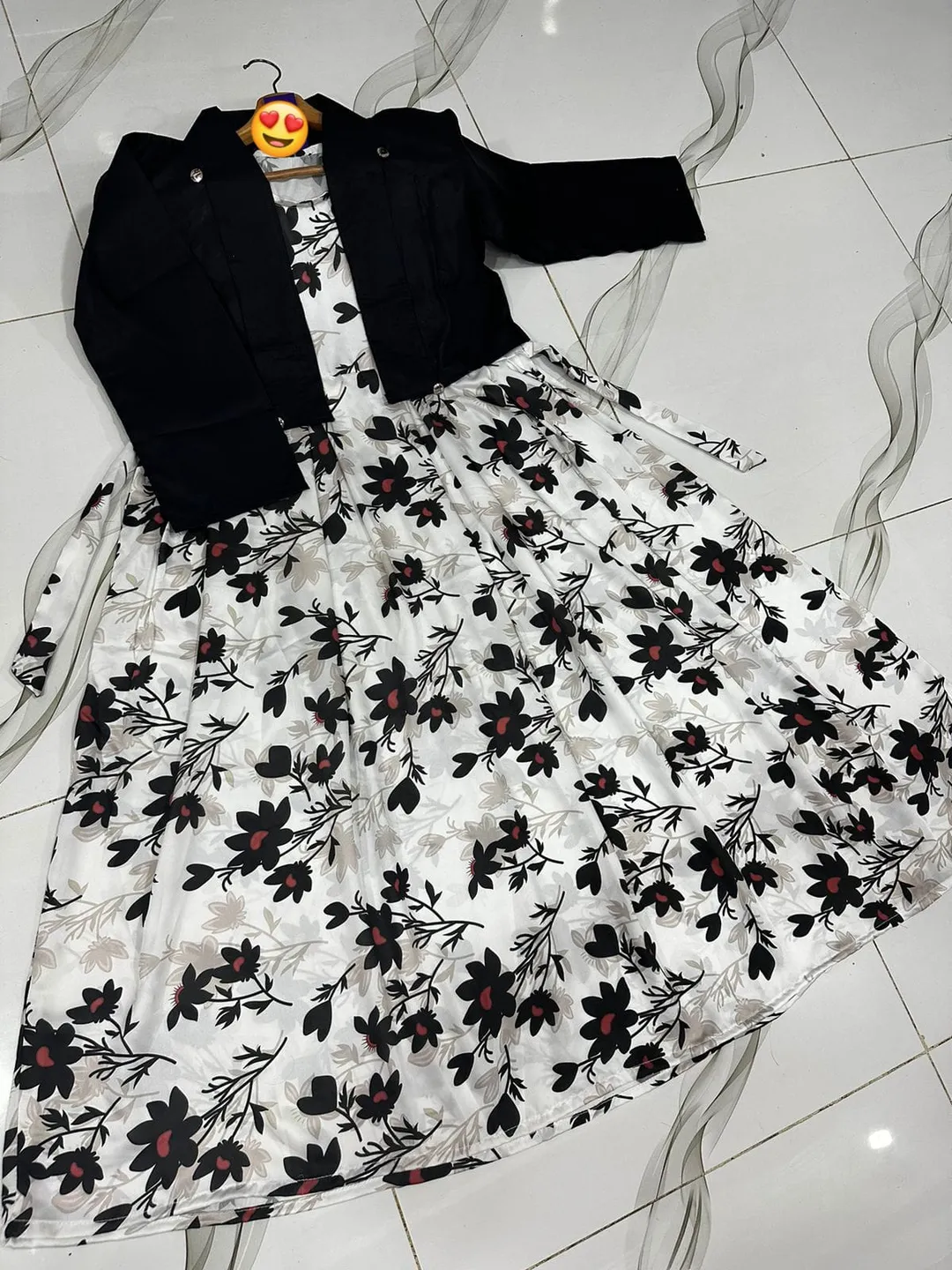 Black Floral Koti Maxi Dress with Belt & Silk Fabric