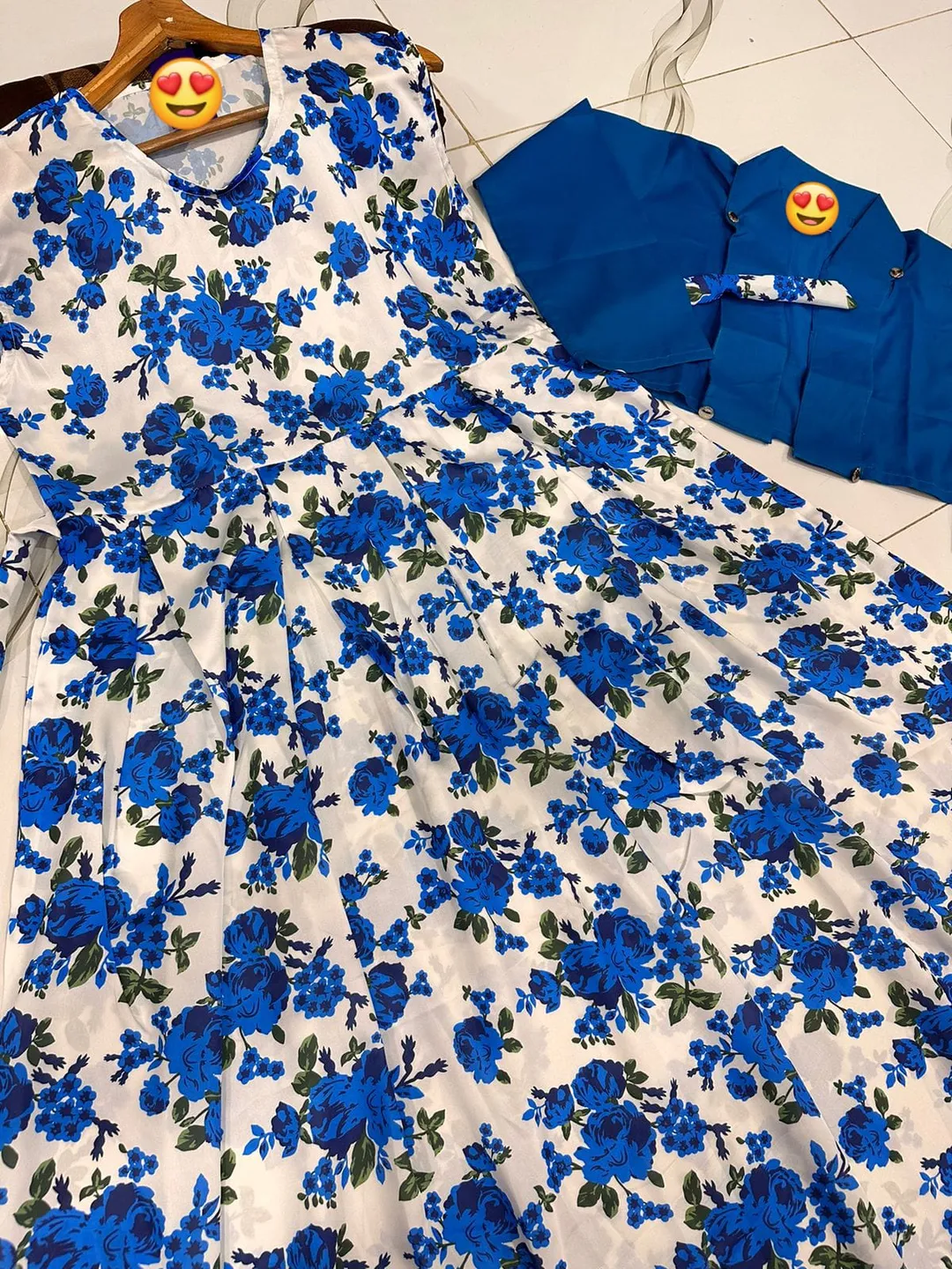 Blue Floral Maxi Dress with Silk Sleeveless Jacket & Button Koti