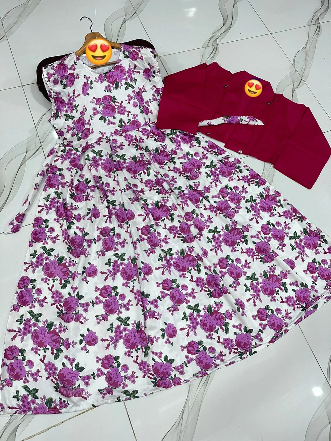 Women Pink Floral Belted Maxi Dress with Cotton Koti