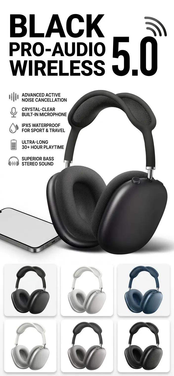 Black Long-Lasting Battery With Fast Charge 10 Headphone