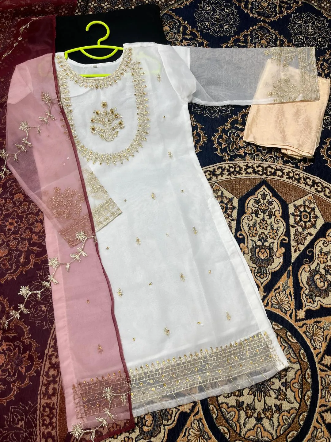 White Organza Embroidered Girl's Kurta Set with Dupatta & Trouser