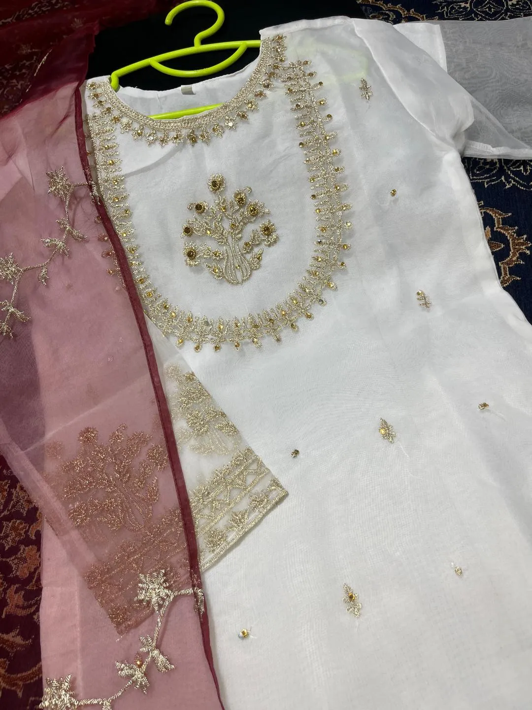 White Organza Embroidered Girl's Kurta Set with Dupatta & Trouser