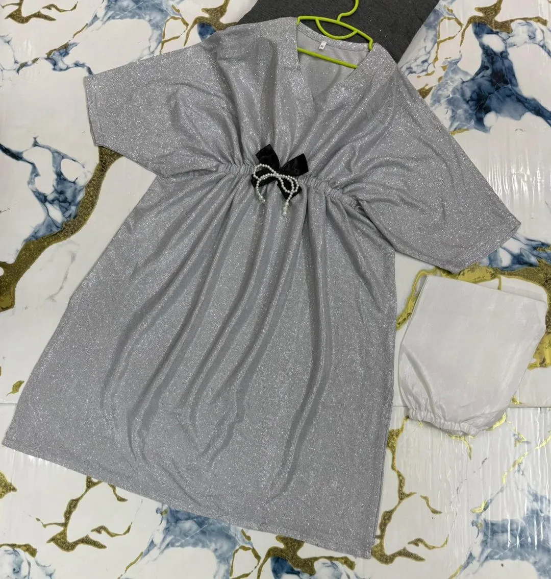 Grey Jersey Frock Set for Girls 1-12 Years with Pearl Bow