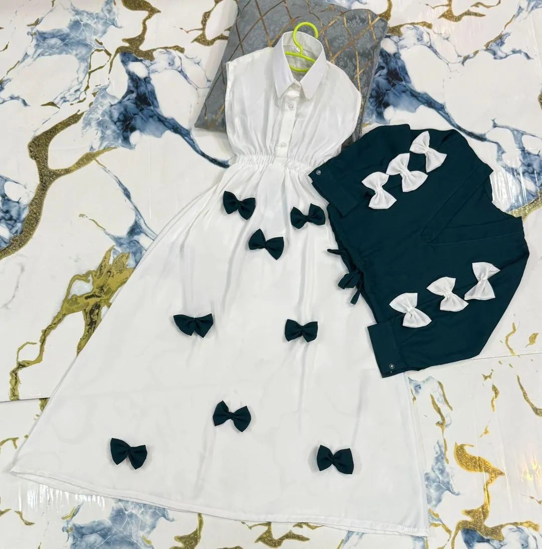 Girls Georgette Bow Top Maxi Set Green White 2Pcs