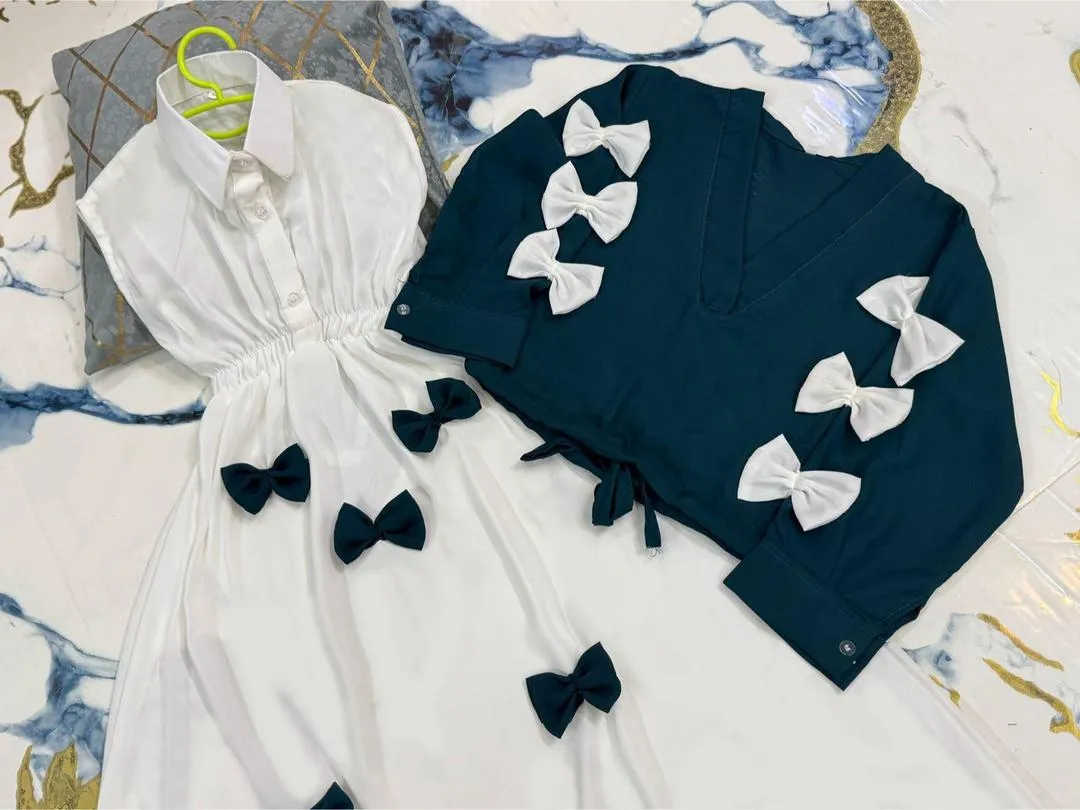 Girls Georgette Bow Top Maxi Set Green White 2Pcs