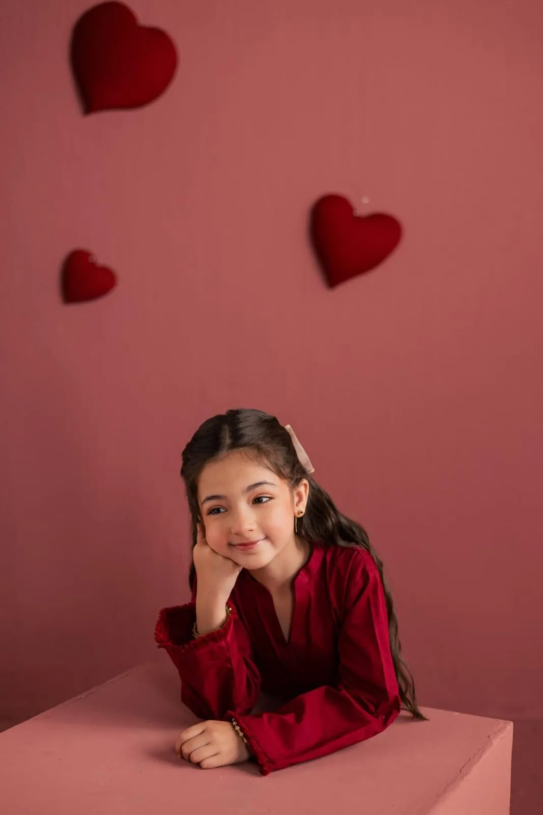 Kids Heart Embroidered Flapper 2Pcs Red White Linen