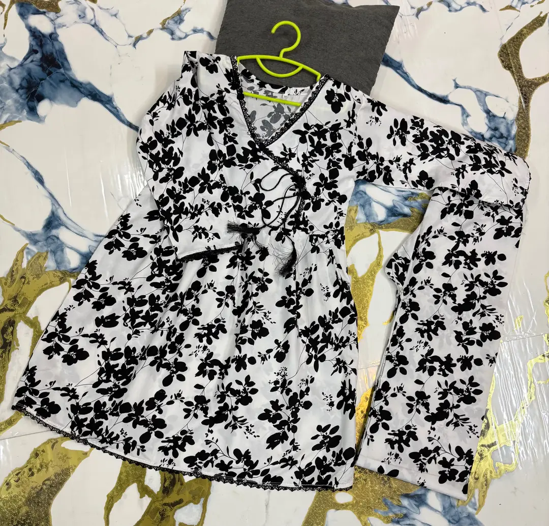 2 Pcs Girl's Cotton Printed Frock And Trouser Set