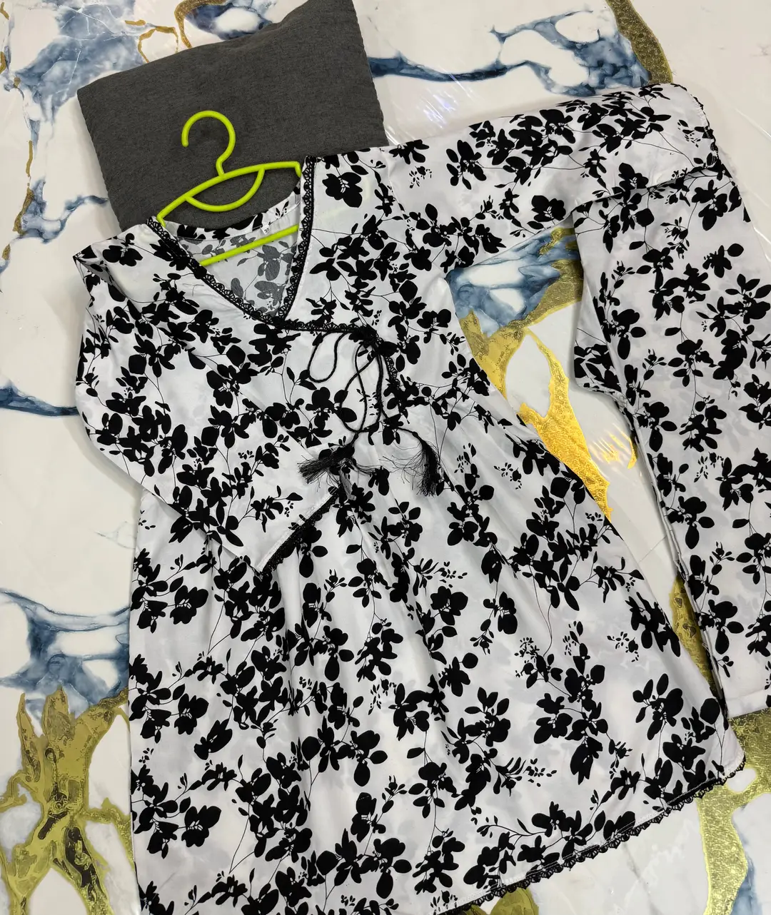 2 Pcs Girl's Cotton Printed Frock And Trouser Set