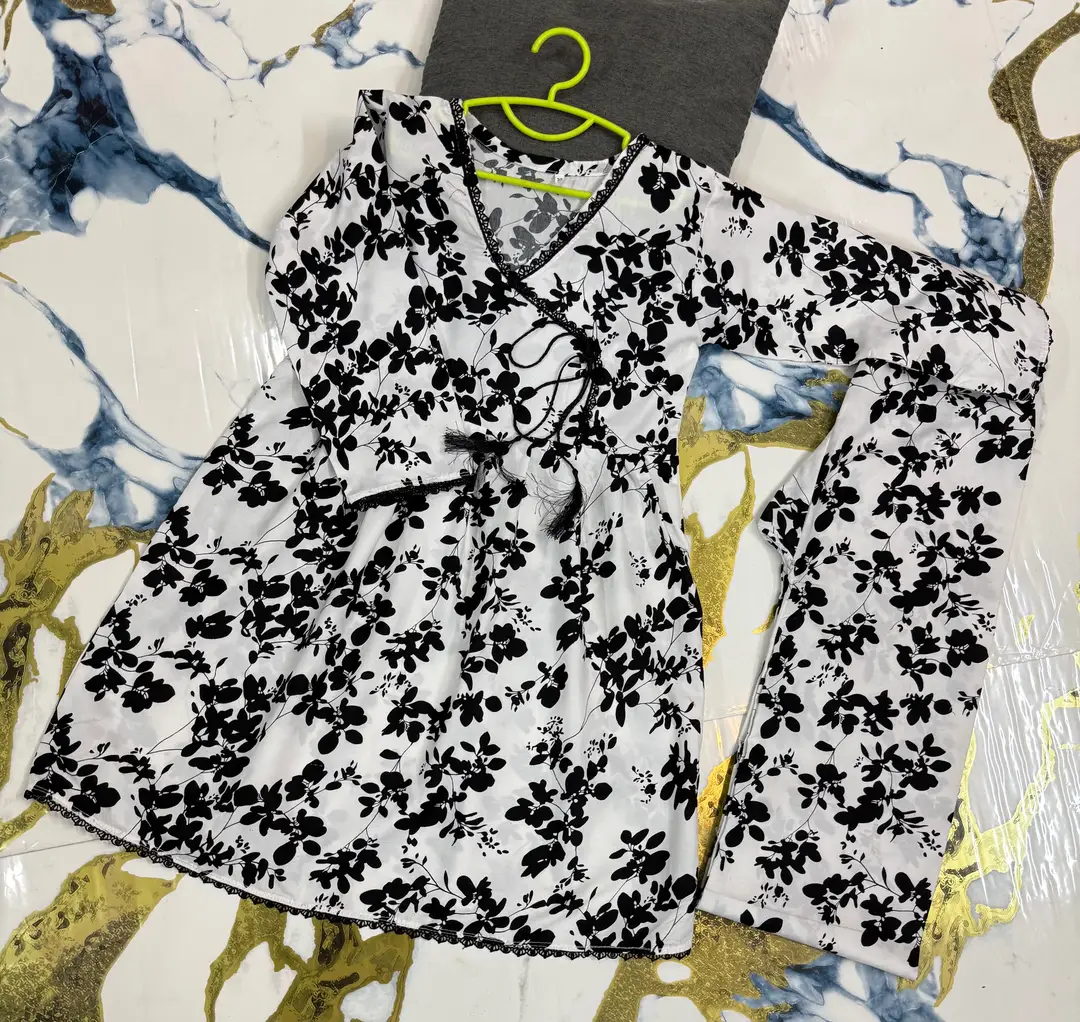 2 Pcs Girl's Cotton Printed Frock And Trouser Set