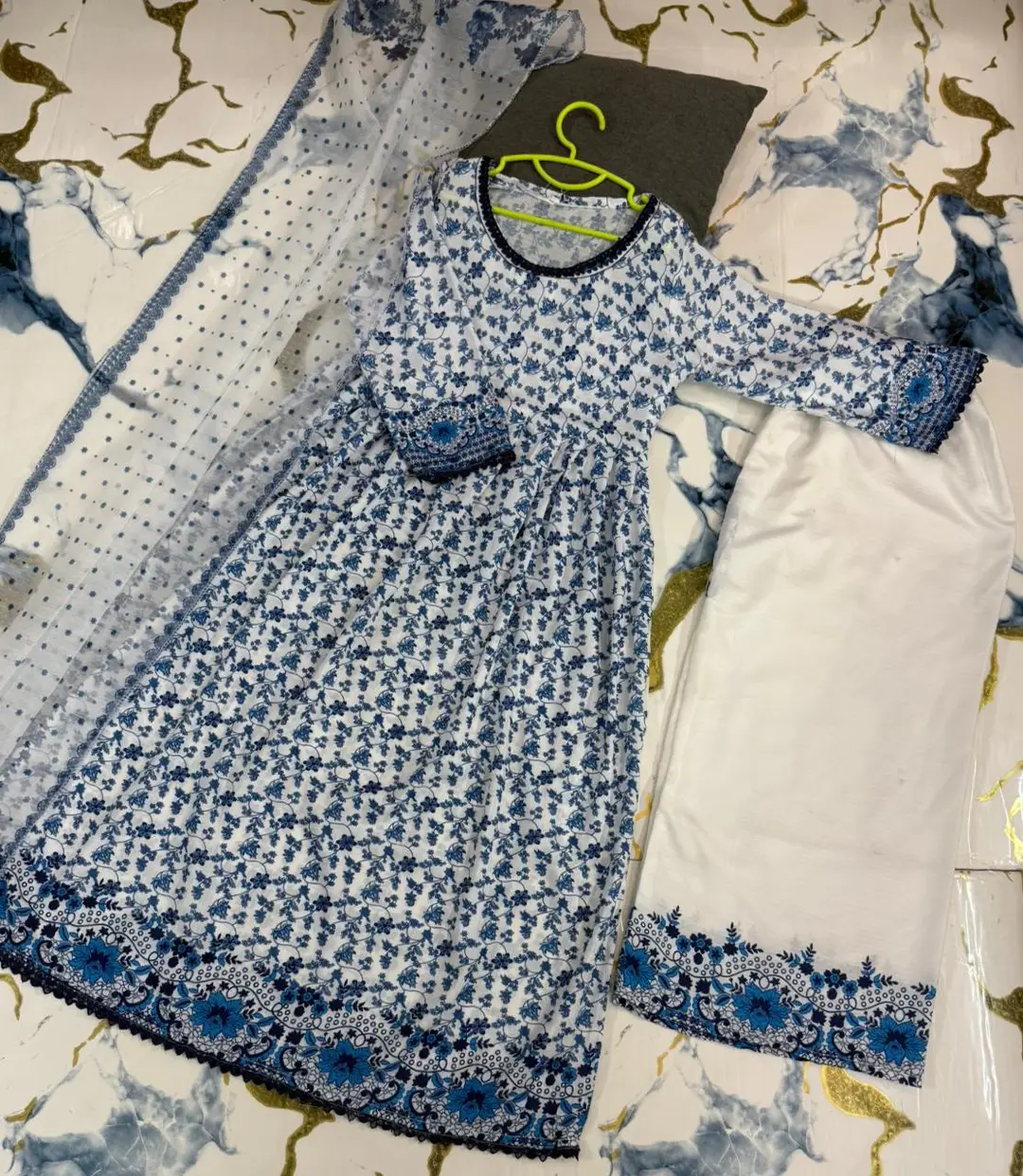 3 Pcs Girl's Lawn Printed Frock And Trouser Set