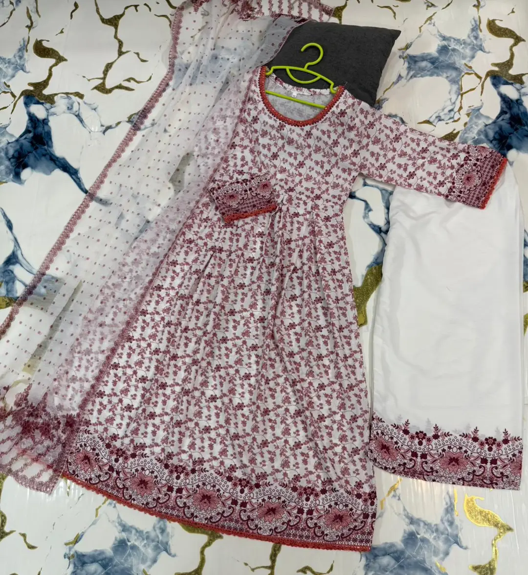 3 Pcs Girl's Lawn Printed Frock And Trouser Set