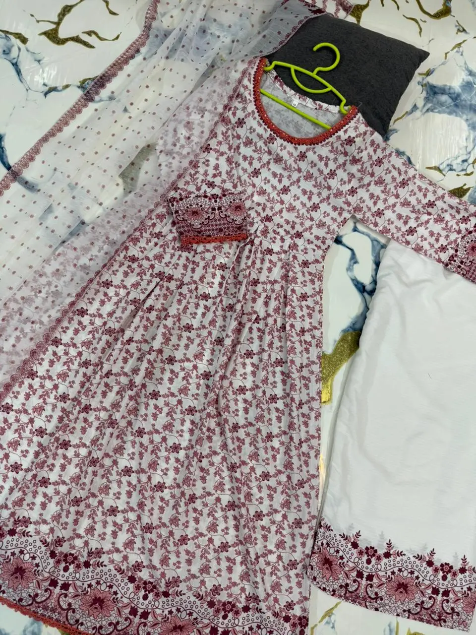 3 Pcs Girl's Lawn Printed Frock And Trouser Set