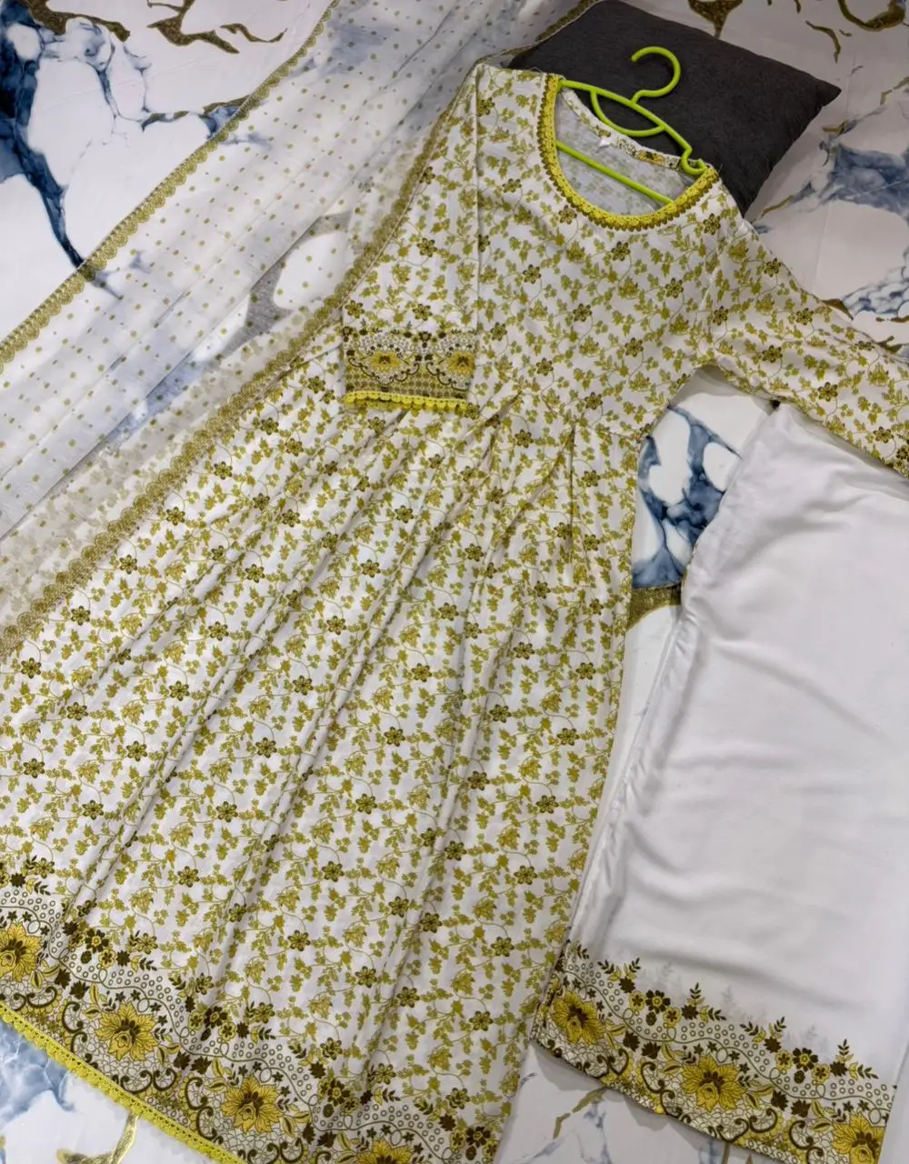 3 Pcs Girl's Lawn Printed Frock And Trouser Set