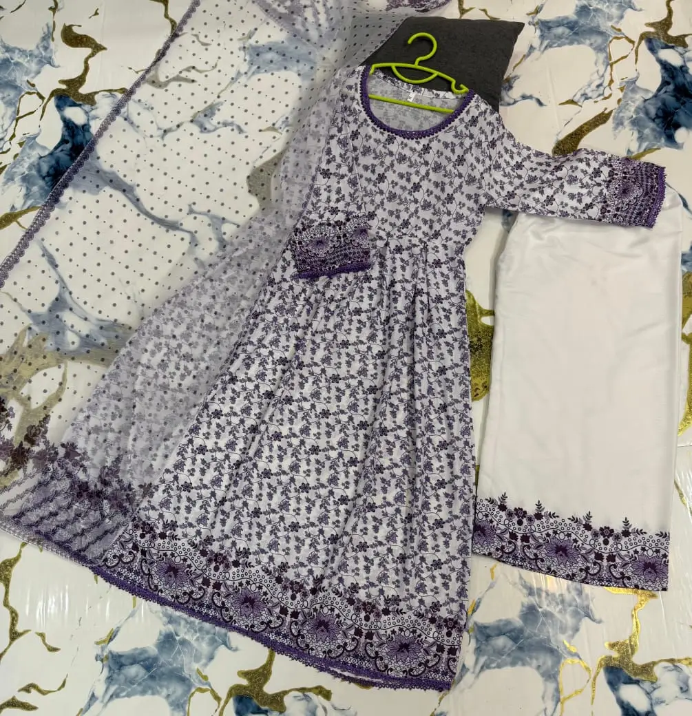 3 Pcs Girl's Lawn Printed Frock And Trouser Set