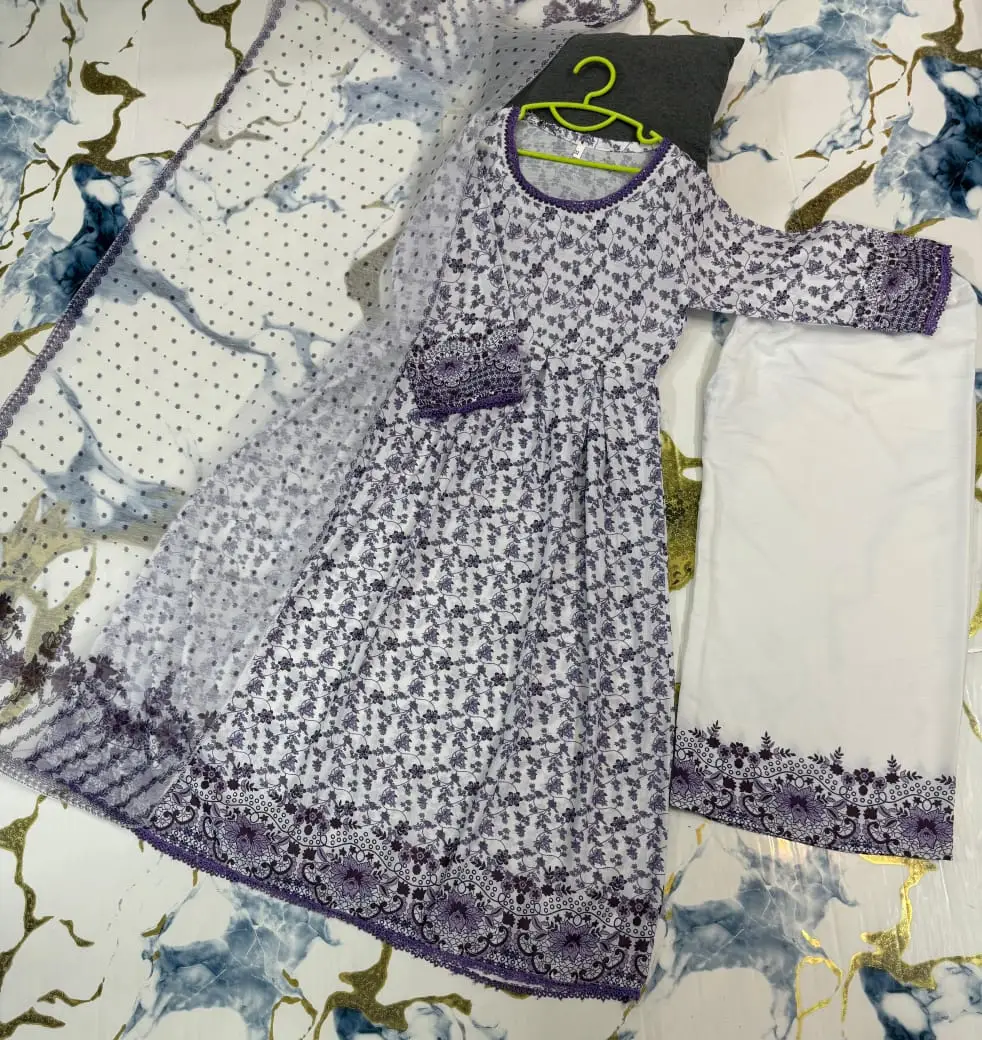 3 Pcs Girl's Lawn Printed Frock And Trouser Set