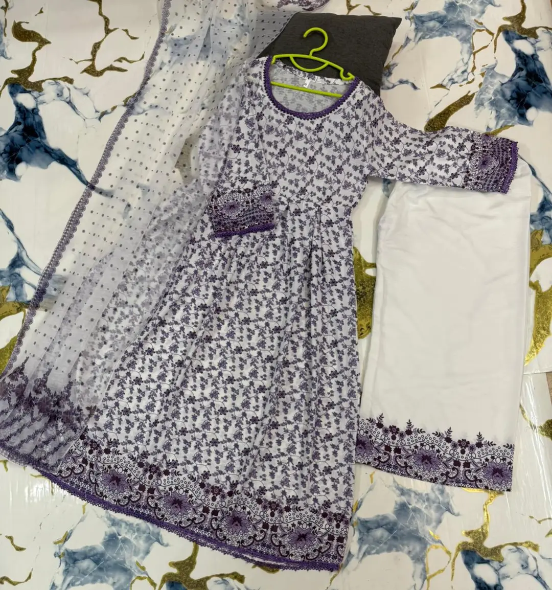 3 Pcs Girl's Lawn Printed Frock And Trouser Set