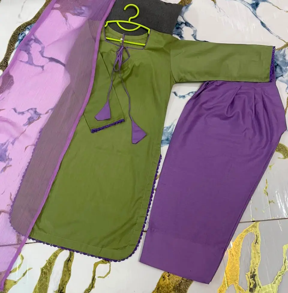3 Pcs Girl's Cotton Plain Kurta And Shalwar Suit