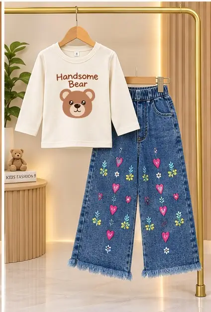 2 Pcs Girl's Jersey Printed Shirt & Pants Set