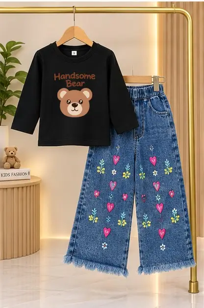 2 Pcs Girl's Jersey Printed Shirt & Pants Set
