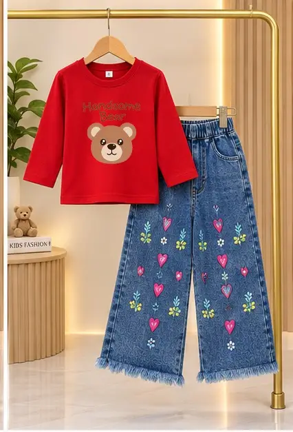 2 Pcs Girl's Jersey Printed Shirt & Pants Set