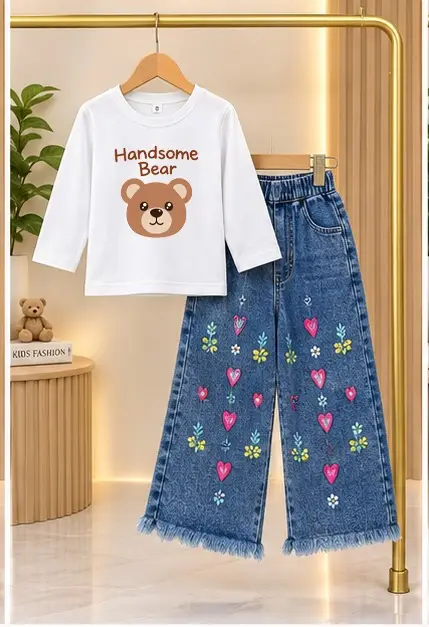 2 Pcs Girl's Jersey Printed Shirt & Pants Set