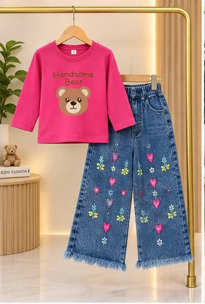 2 Pcs Girl's Jersey Printed Shirt & Pants Set