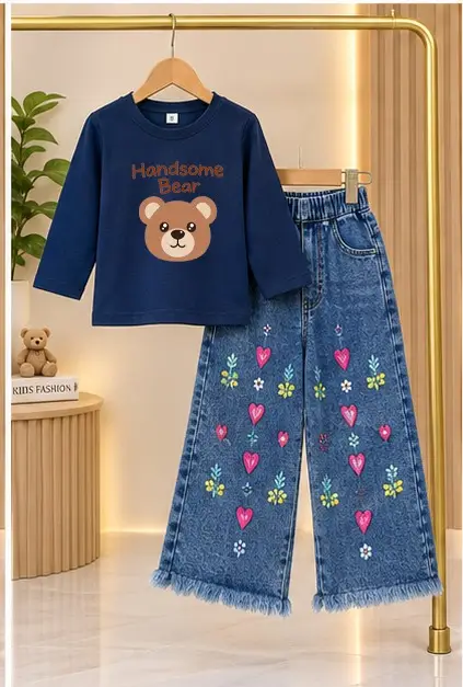 2 Pcs Girl's Jersey Printed Shirt & Pants Set