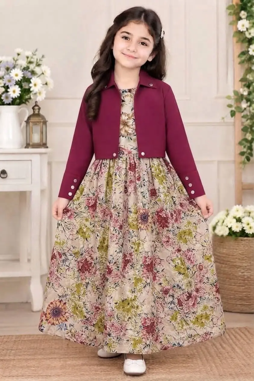 2 Pcs Girl's Georgette Printed Maxi & Jacket