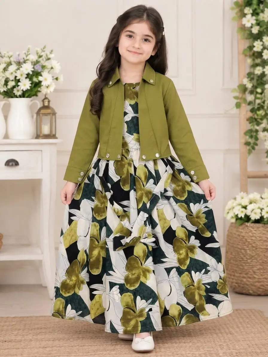 2 Pcs Girl's Georgette Printed Maxi & Jacket