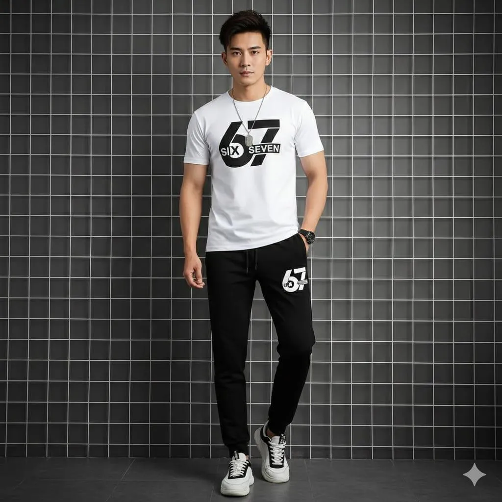 Men Printed Track Suit White Black 67 Logo Summer